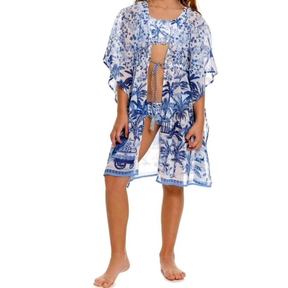 New Agua Bendita Luciana Tales Blue White Tropical Toile Tunic Cover-Up Kids 12